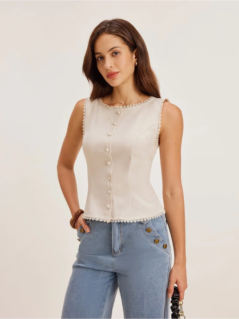 Rihoas Apricot Boat Neck Button Vest